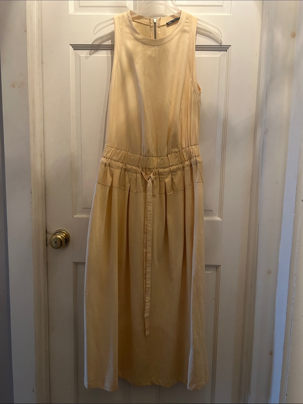 Zara Soft Pale Beige Maxi dress with a drawstring waist NWOT